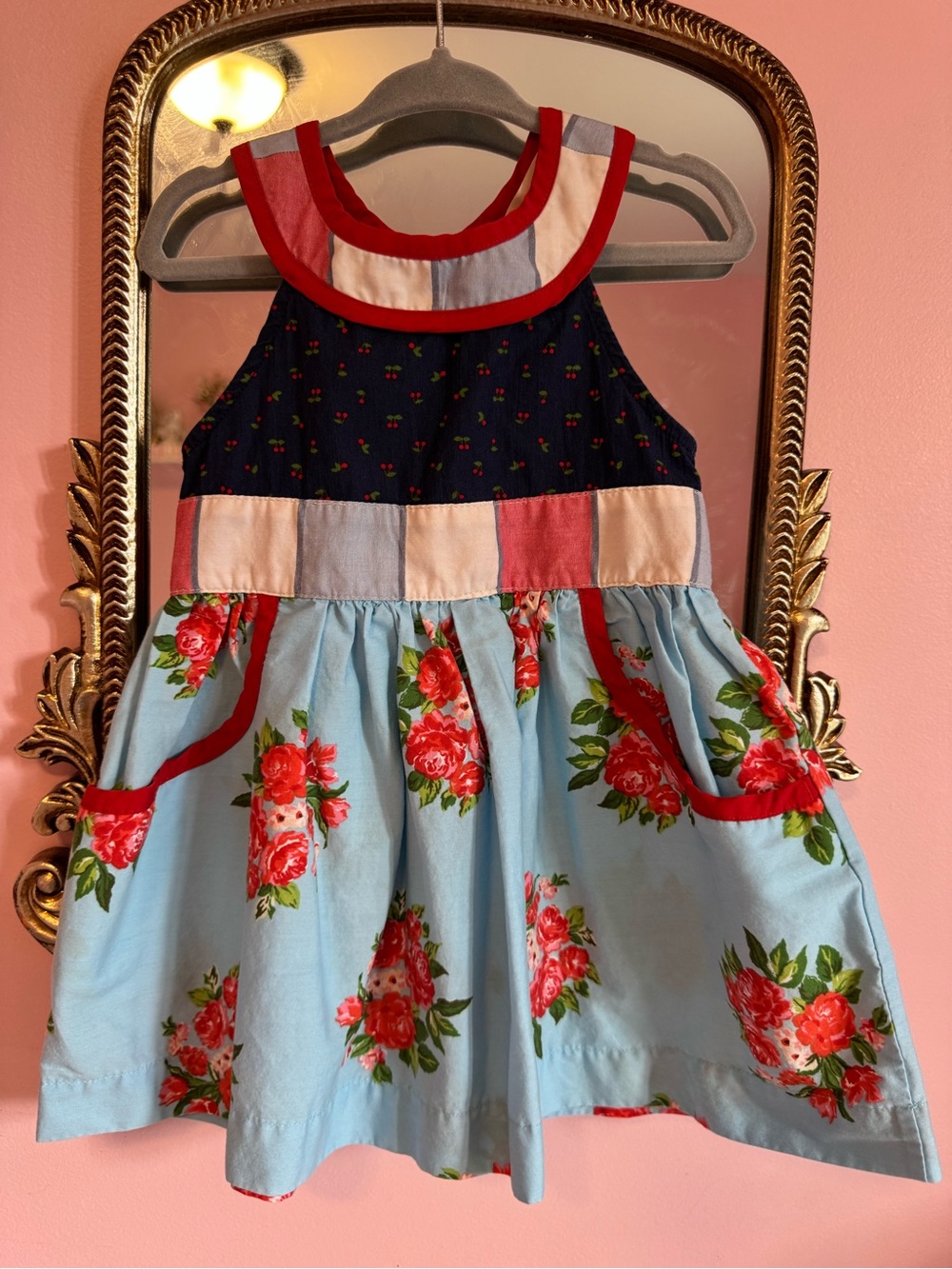 Matilda Jane Blue Floral Patchwork Sundress with Red Accents
